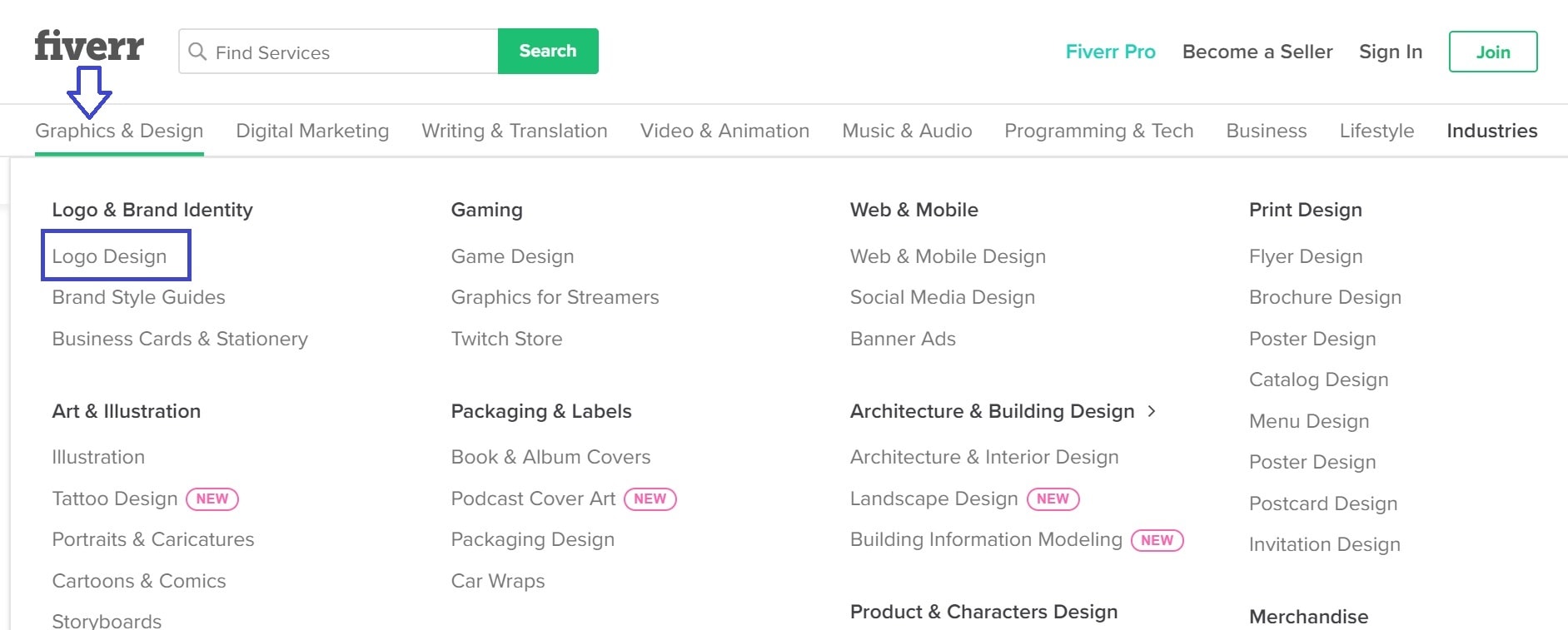 Captura de pantalla de Fiverr: menú de gráficos y diseño